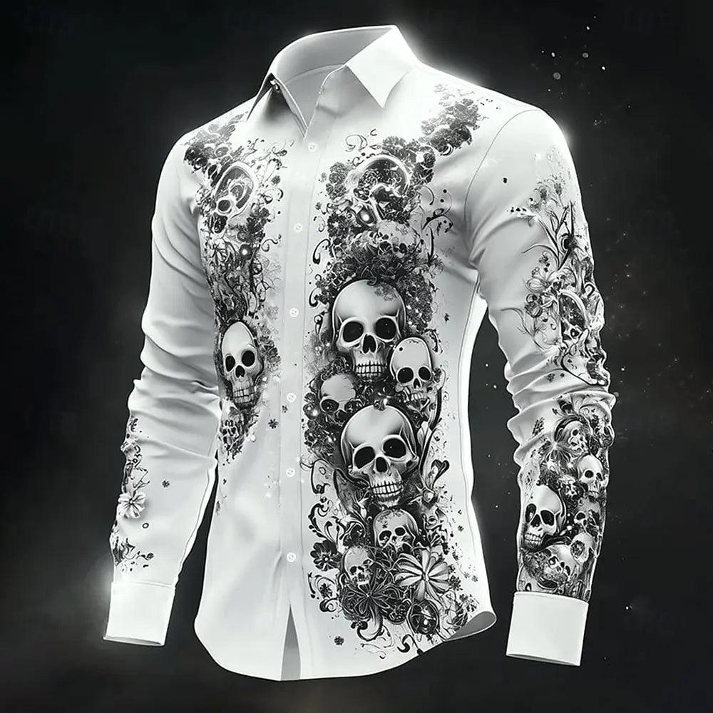 Hip Hop Skull Print Shirt Men Streetwear 2025 Long Sleeve Tops Urban Trendy Graphic Tee Shirt Casual Loose Fit Gothic Clothing