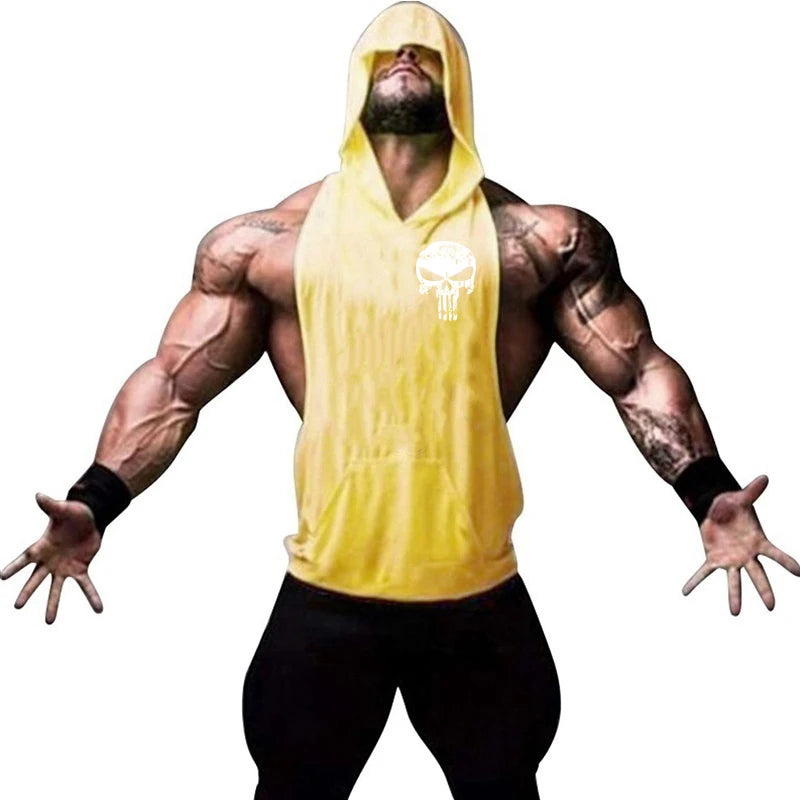 Men Bodybuilding Cotton Skulls Tank Top Gyms Fitness Hooded Vest Sleeveless Shirt Summer Casual Fashion Workout Brand Clothing