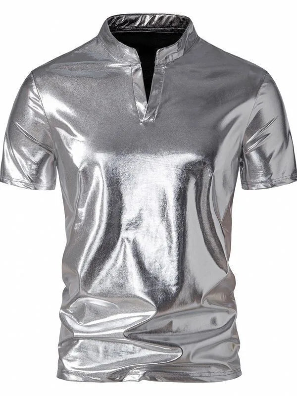 2025 Summer New Men's Glossy Short Sleeve T-Shirt European Size Men's Casual Nightclub T-Shirt