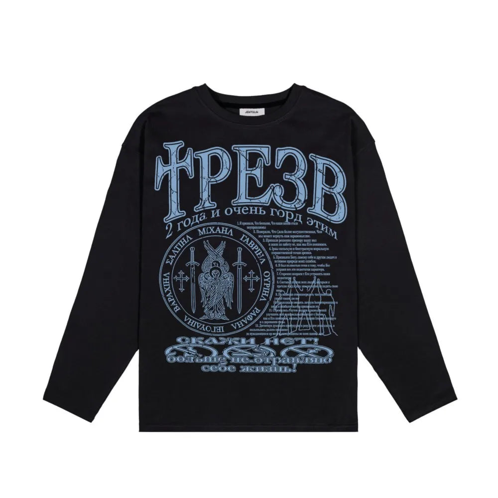 Oversized Men's Clothing Streetwear Sober Print Autumn Hip Hop Korean Long Sleeve Y2k Tops Tee Cotton Graphic Unisex Tshirt Goth