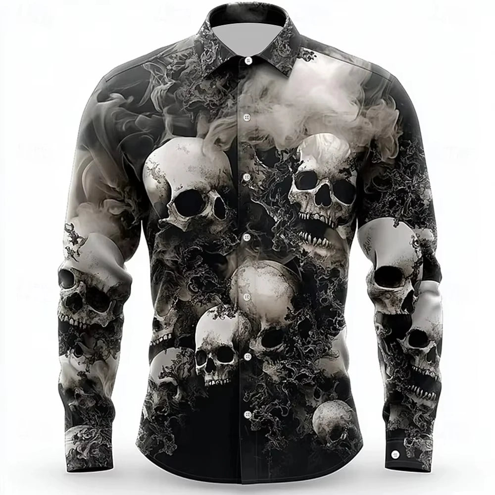 Hip Hop Skull Print Shirt Men Streetwear 2025 Long Sleeve Tops Urban Trendy Graphic Tee Shirt Casual Loose Fit Gothic Clothing