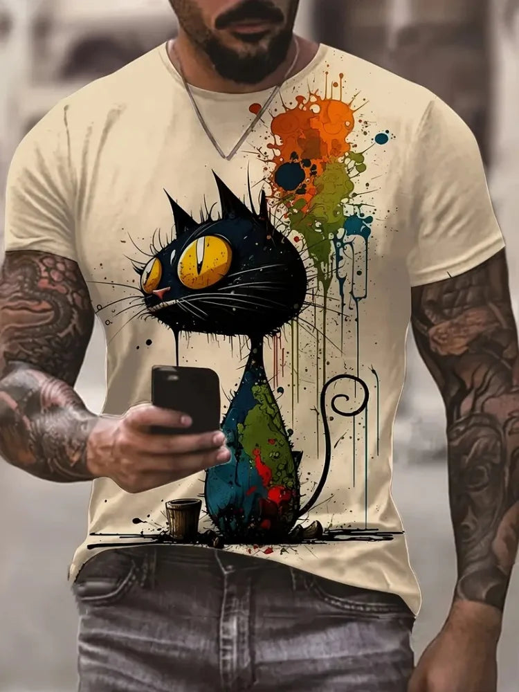 Fashion Sketch Animal Graphic Men T-Shirts Cats 3D Print Oversize Short Sleeve T-Shirt O-Neck Casual Men Women T-Shirt Clothing