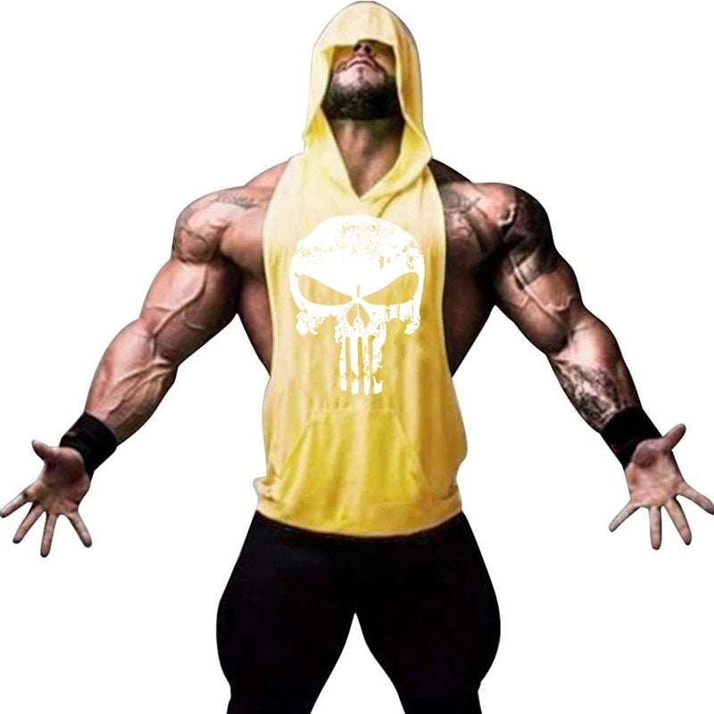 Men Bodybuilding Cotton Skulls Tank Top Gyms Fitness Hooded Vest Sleeveless Shirt Summer Casual Fashion Workout Brand Clothing