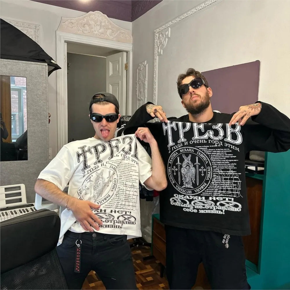Oversized Men's Clothing Streetwear Sober Print Autumn Hip Hop Korean Long Sleeve Y2k Tops Tee Cotton Graphic Unisex Tshirt Goth