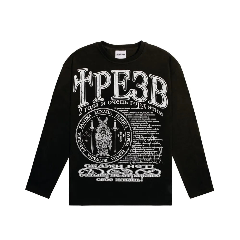 Oversized Men's Clothing Streetwear Sober Print Autumn Hip Hop Korean Long Sleeve Y2k Tops Tee Cotton Graphic Unisex Tshirt Goth