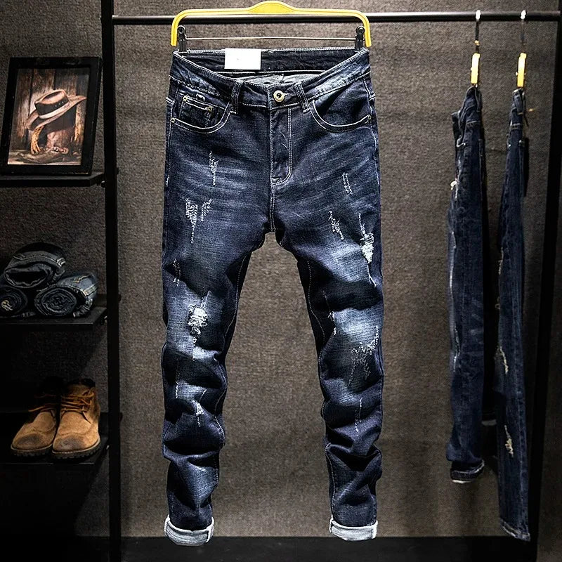 American Elastic Straight Jeans Men Ripped Worn-out Slim-fit Cotton Denim Pants Korean Style Fashion Blue Black Men's Clothing