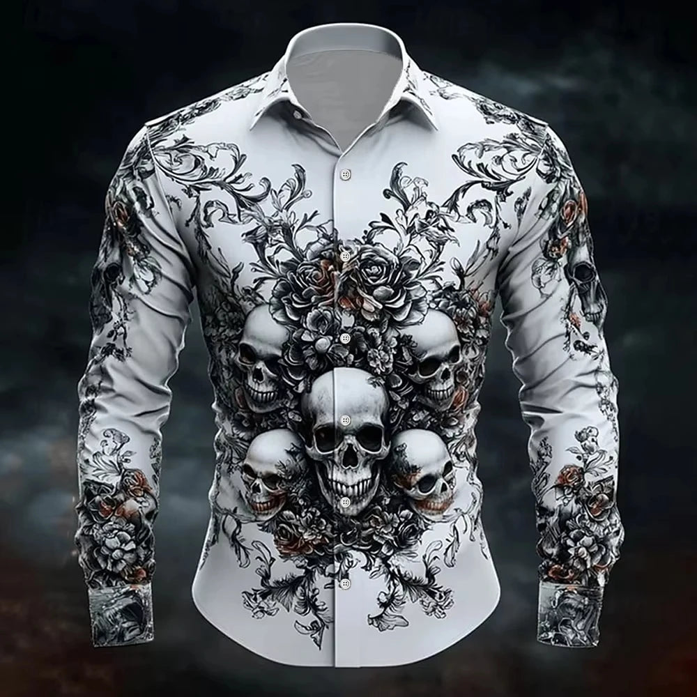 Hip Hop Skull Print Shirt Men Streetwear 2025 Long Sleeve Tops Urban Trendy Graphic Tee Shirt Casual Loose Fit Gothic Clothing