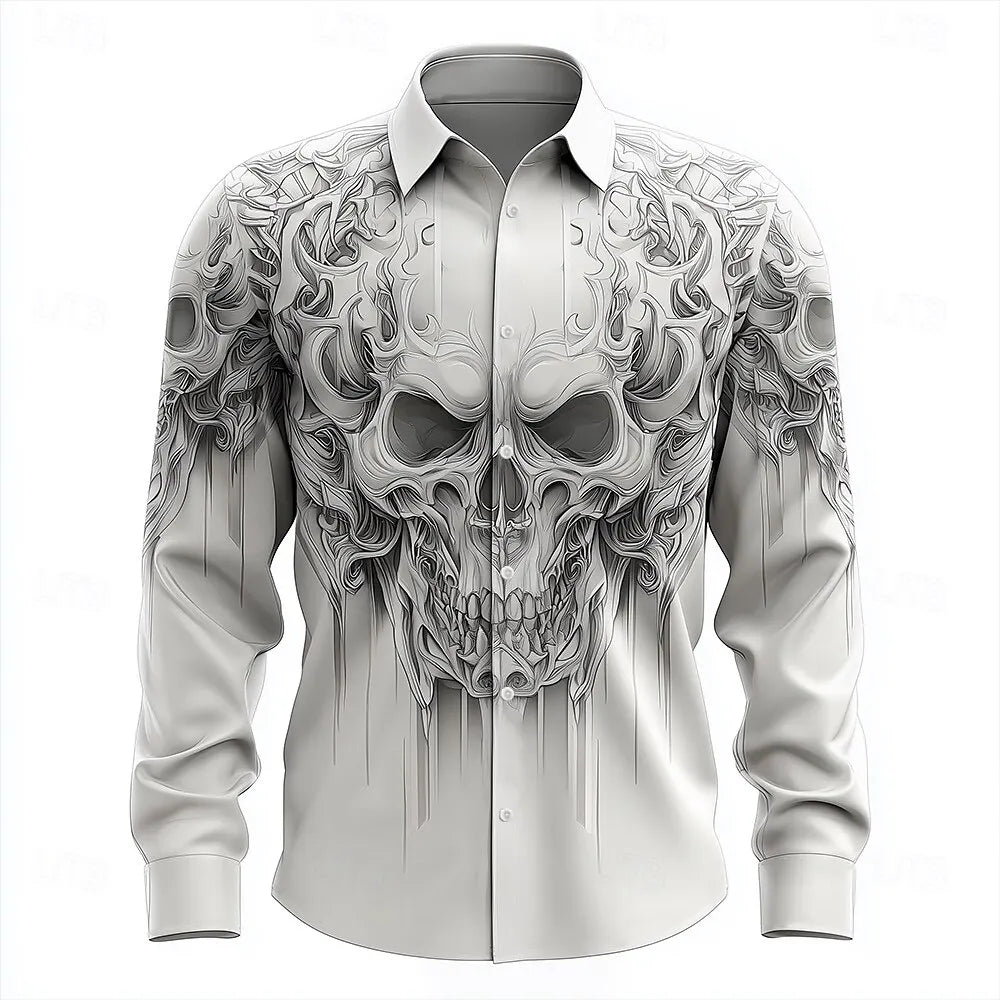 Hip Hop Skull Print Shirt Men Streetwear 2025 Long Sleeve Tops Urban Trendy Graphic Tee Shirt Casual Loose Fit Gothic Clothing