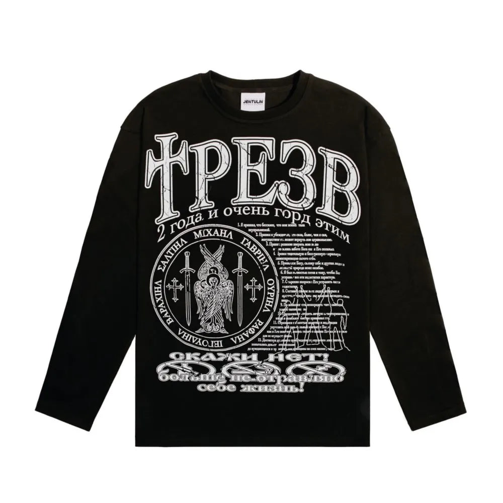 Oversized Men's Clothing Streetwear Sober Print Autumn Hip Hop Korean Long Sleeve Y2k Tops Tee Cotton Graphic Unisex Tshirt Goth