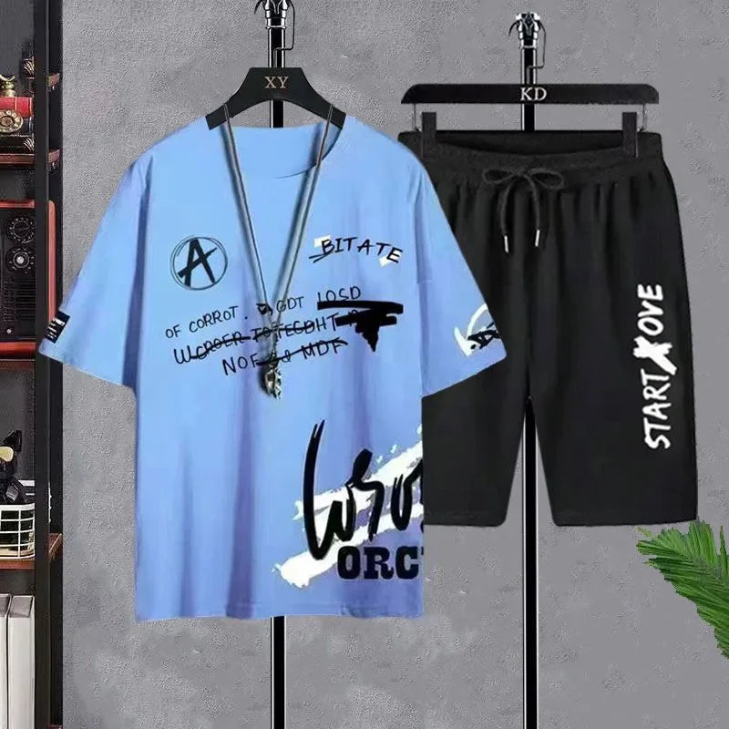Men Sets 2025 Summer Men Clothing Casual Tshirt +Short Two-piece Oversize Men's Short Sleeve Breathable Sports Suit 2-piece Set