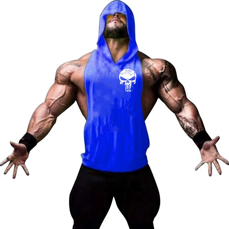 Men Bodybuilding Cotton Skulls Tank Top Gyms Fitness Hooded Vest Sleeveless Shirt Summer Casual Fashion Workout Brand Clothing