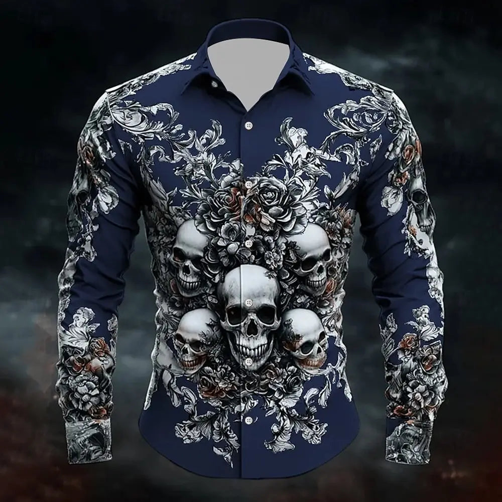 Hip Hop Skull Print Shirt Men Streetwear 2025 Long Sleeve Tops Urban Trendy Graphic Tee Shirt Casual Loose Fit Gothic Clothing