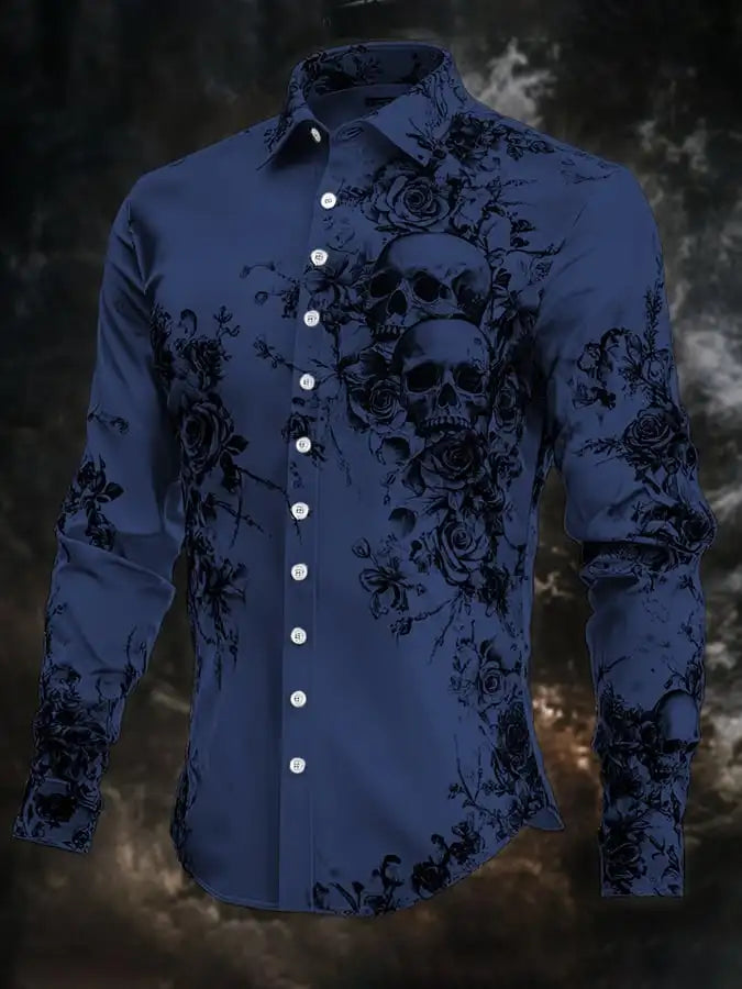 Hip Hop Skull Print Shirt Men Streetwear 2025 Long Sleeve Tops Urban Trendy Graphic Tee Shirt Casual Loose Fit Gothic Clothing
