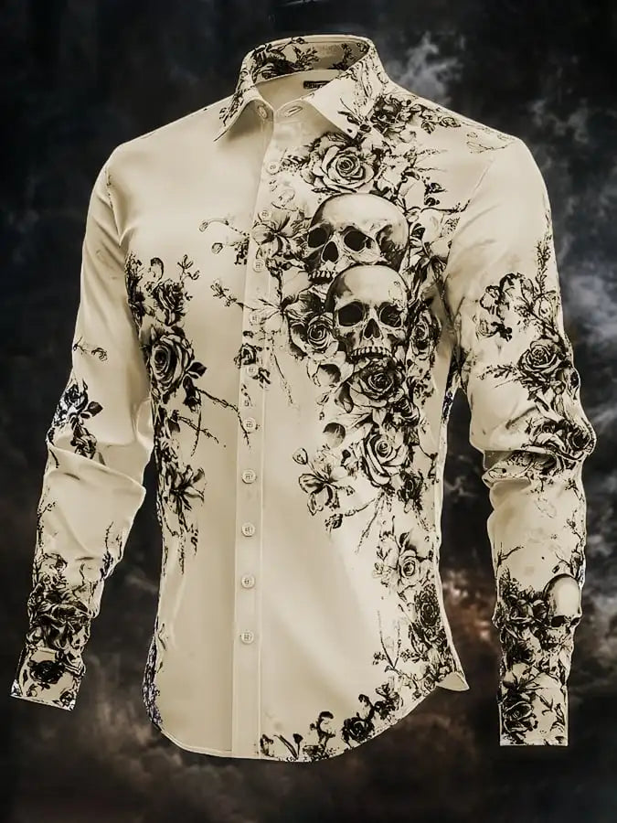 Hip Hop Skull Print Shirt Men Streetwear 2025 Long Sleeve Tops Urban Trendy Graphic Tee Shirt Casual Loose Fit Gothic Clothing