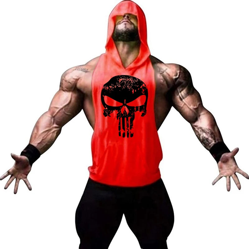 Men Bodybuilding Cotton Skulls Tank Top Gyms Fitness Hooded Vest Sleeveless Shirt Summer Casual Fashion Workout Brand Clothing
