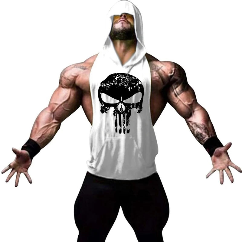 Men Bodybuilding Cotton Skulls Tank Top Gyms Fitness Hooded Vest Sleeveless Shirt Summer Casual Fashion Workout Brand Clothing