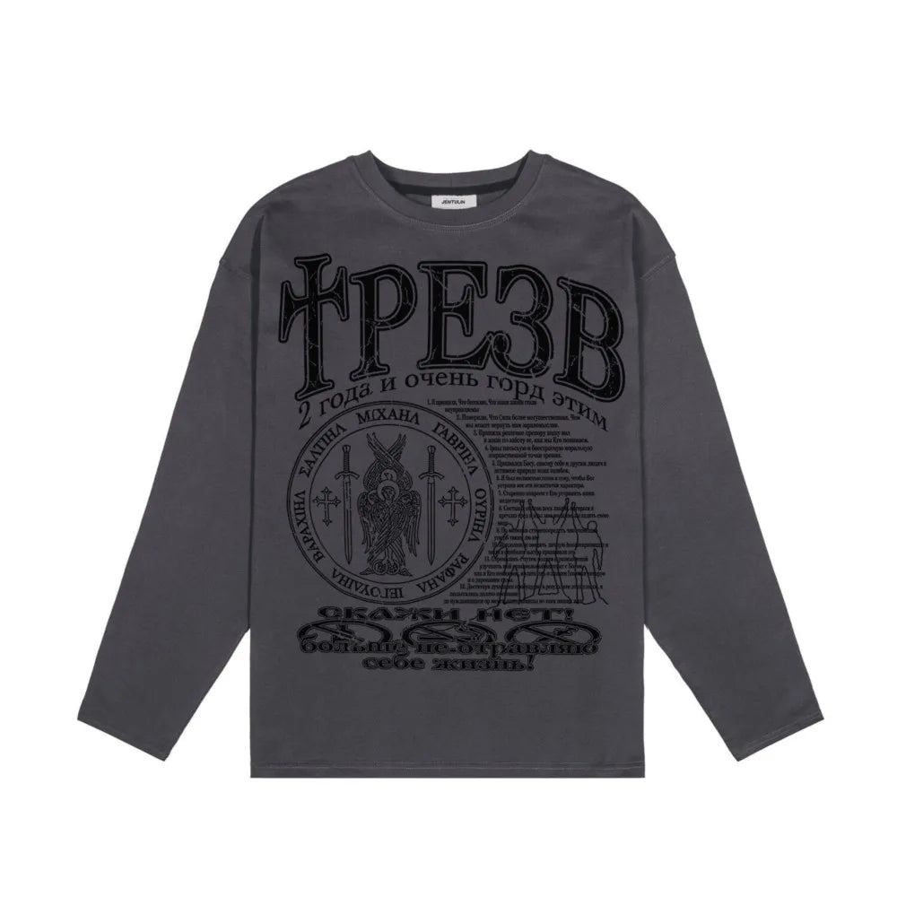 Oversized Men's Clothing Streetwear Sober Print Autumn Hip Hop Korean Long Sleeve Y2k Tops Tee Cotton Graphic Unisex Tshirt Goth