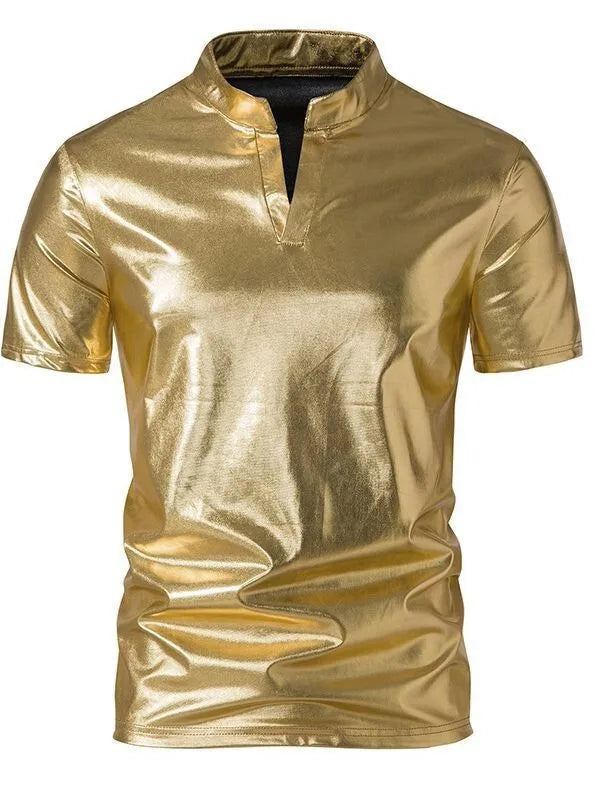 2025 Summer New Men's Glossy Short Sleeve T-Shirt European Size Men's Casual Nightclub T-Shirt