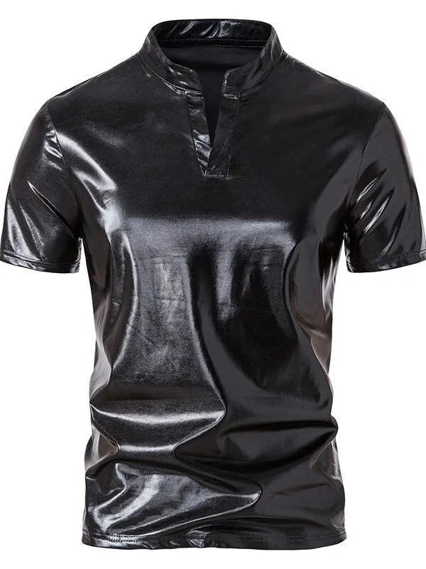 2025 Summer New Men's Glossy Short Sleeve T-Shirt European Size Men's Casual Nightclub T-Shirt