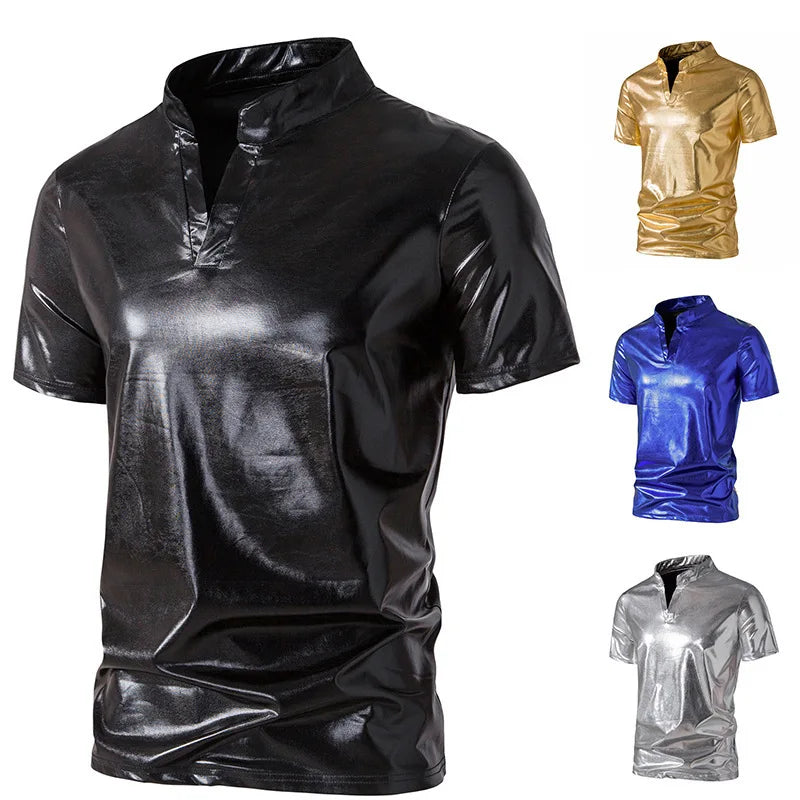 2025 Summer New Men's Glossy Short Sleeve T-Shirt European Size Men's Casual Nightclub T-Shirt
