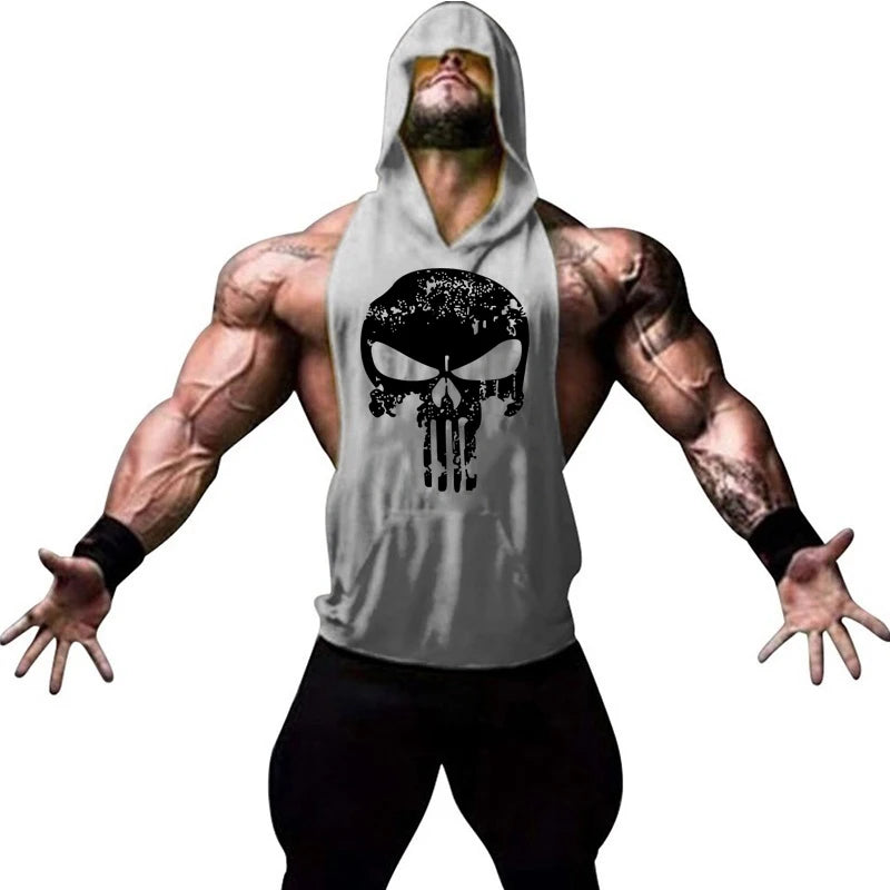 Men Bodybuilding Cotton Skulls Tank Top Gyms Fitness Hooded Vest Sleeveless Shirt Summer Casual Fashion Workout Brand Clothing