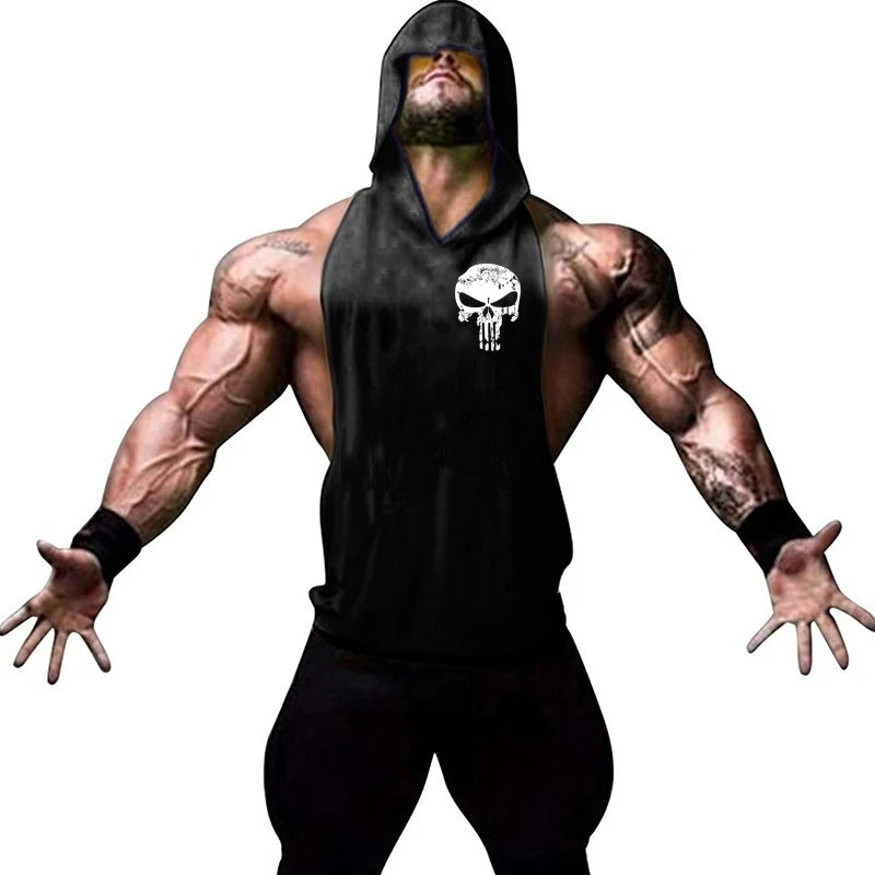Men Bodybuilding Cotton Skulls Tank Top Gyms Fitness Hooded Vest Sleeveless Shirt Summer Casual Fashion Workout Brand Clothing