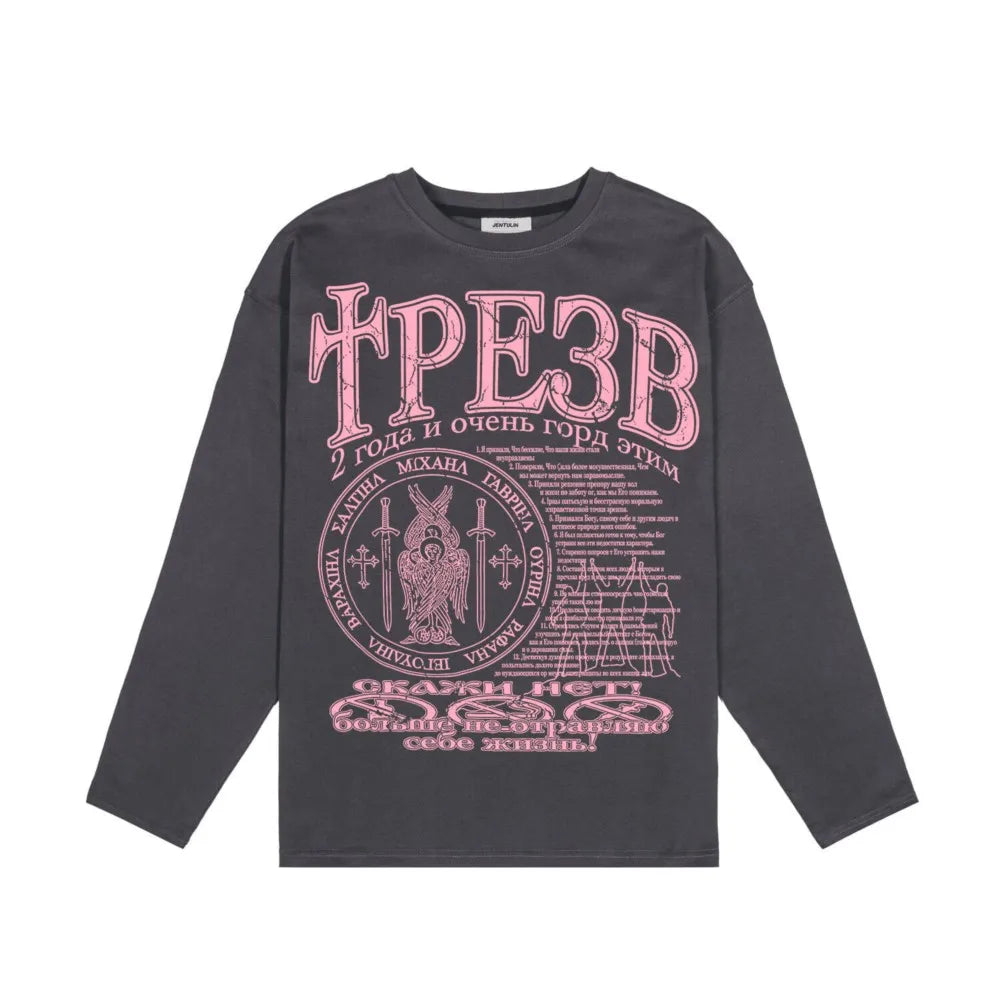 Oversized Men's Clothing Streetwear Sober Print Autumn Hip Hop Korean Long Sleeve Y2k Tops Tee Cotton Graphic Unisex Tshirt Goth