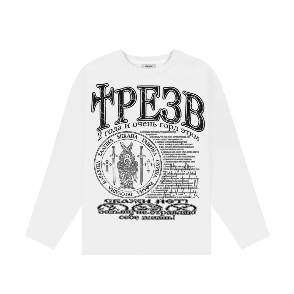Oversized Men's Clothing Streetwear Sober Print Autumn Hip Hop Korean Long Sleeve Y2k Tops Tee Cotton Graphic Unisex Tshirt Goth