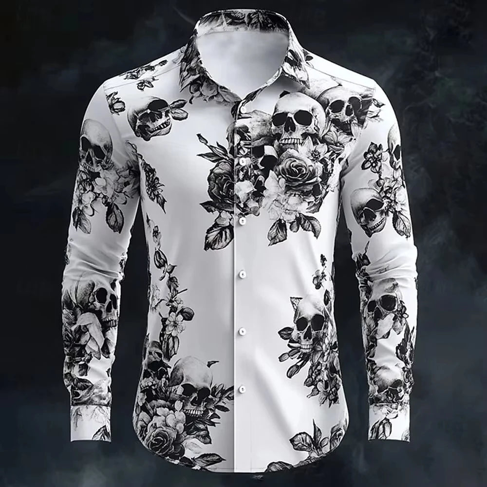 Hip Hop Skull Print Shirt Men Streetwear 2025 Long Sleeve Tops Urban Trendy Graphic Tee Shirt Casual Loose Fit Gothic Clothing