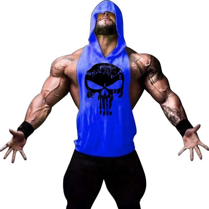 Men Bodybuilding Cotton Skulls Tank Top Gyms Fitness Hooded Vest Sleeveless Shirt Summer Casual Fashion Workout Brand Clothing
