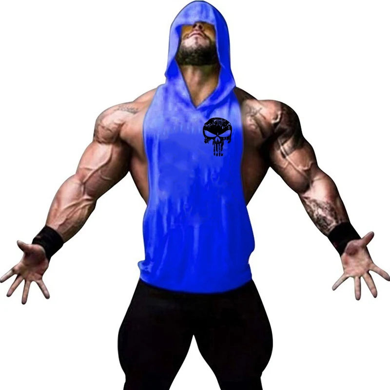 Men Bodybuilding Cotton Skulls Tank Top Gyms Fitness Hooded Vest Sleeveless Shirt Summer Casual Fashion Workout Brand Clothing