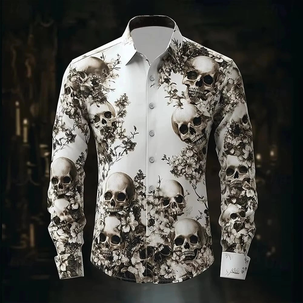 Hip Hop Skull Print Shirt Men Streetwear 2025 Long Sleeve Tops Urban Trendy Graphic Tee Shirt Casual Loose Fit Gothic Clothing