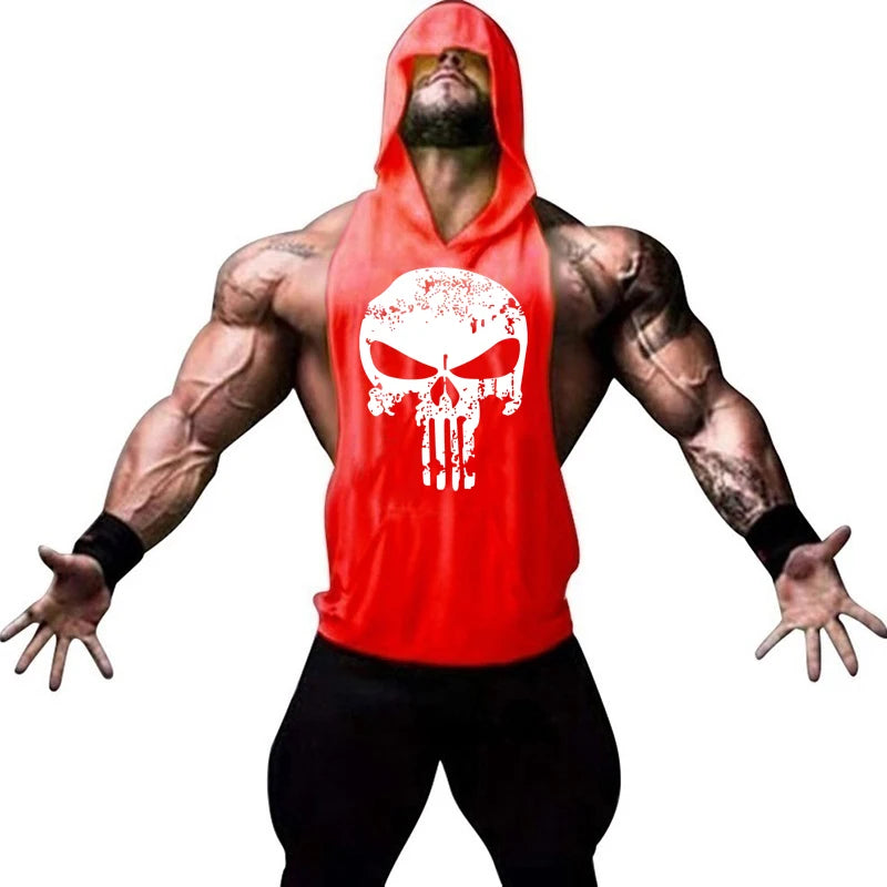 Men Bodybuilding Cotton Skulls Tank Top Gyms Fitness Hooded Vest Sleeveless Shirt Summer Casual Fashion Workout Brand Clothing