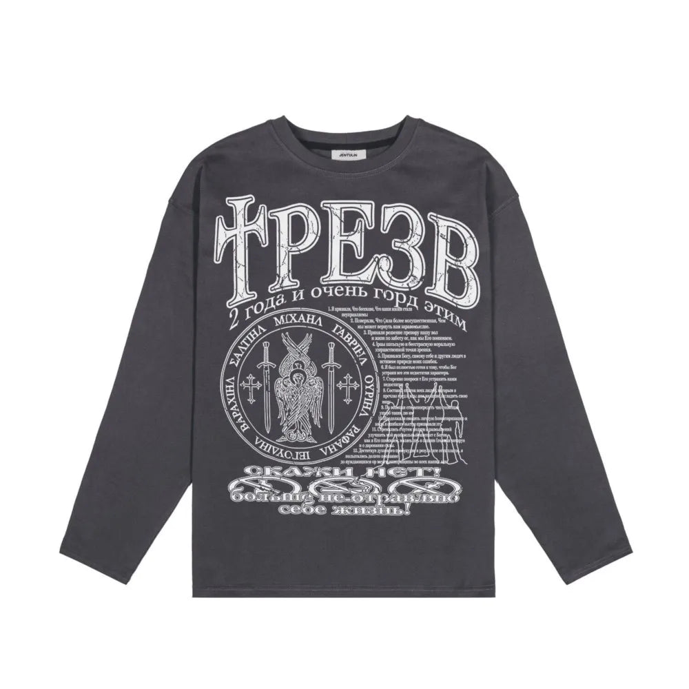 Oversized Men's Clothing Streetwear Sober Print Autumn Hip Hop Korean Long Sleeve Y2k Tops Tee Cotton Graphic Unisex Tshirt Goth