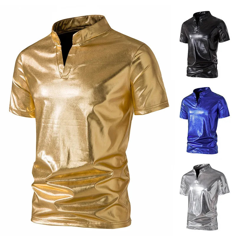 2025 Summer New Men's Glossy Short Sleeve T-Shirt European Size Men's Casual Nightclub T-Shirt