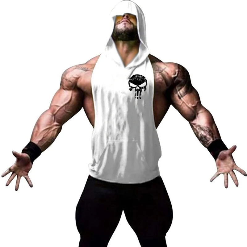 Men Bodybuilding Cotton Skulls Tank Top Gyms Fitness Hooded Vest Sleeveless Shirt Summer Casual Fashion Workout Brand Clothing