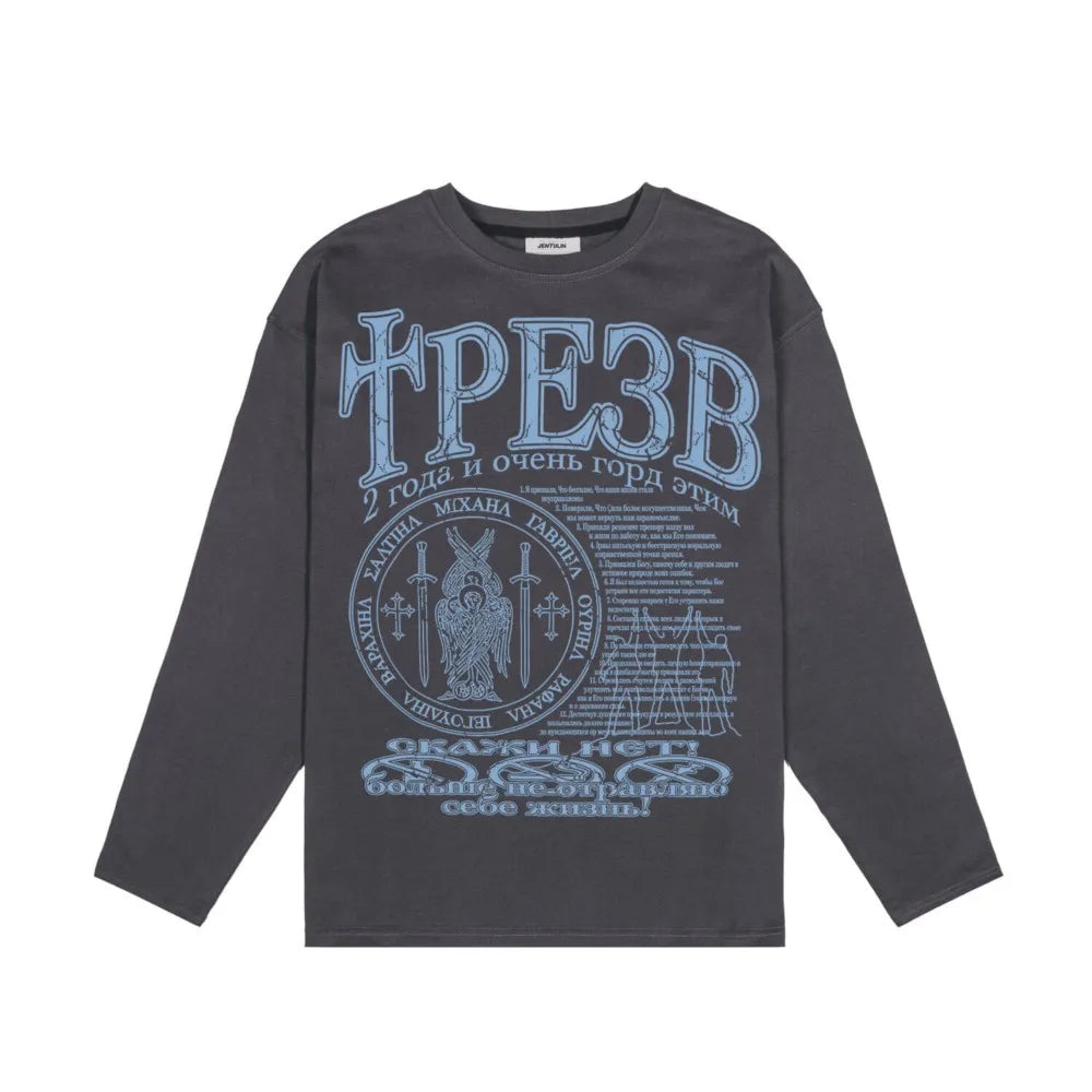 Oversized Men's Clothing Streetwear Sober Print Autumn Hip Hop Korean Long Sleeve Y2k Tops Tee Cotton Graphic Unisex Tshirt Goth