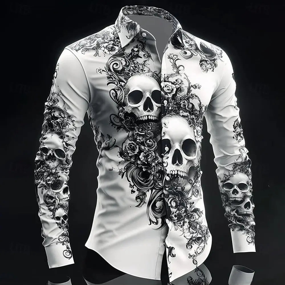 Hip Hop Skull Print Shirt Men Streetwear 2025 Long Sleeve Tops Urban Trendy Graphic Tee Shirt Casual Loose Fit Gothic Clothing