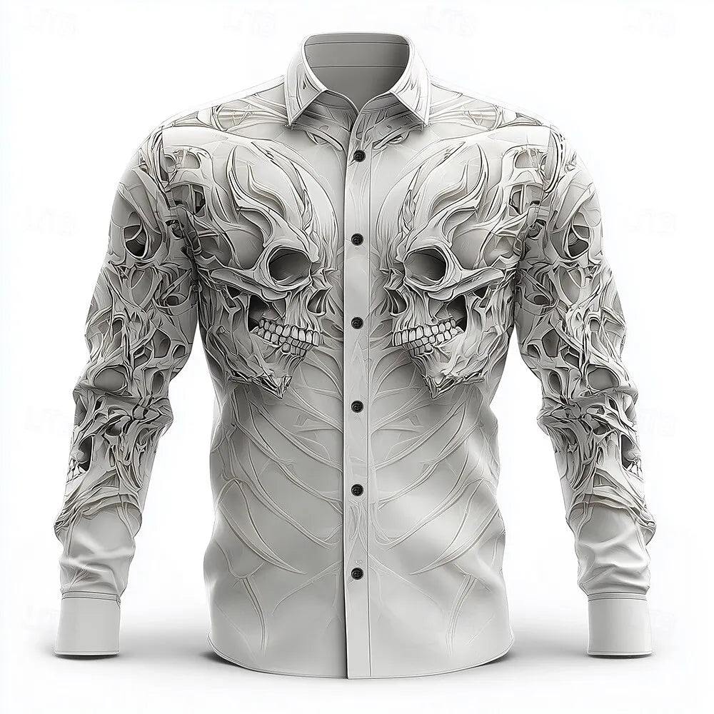 Hip Hop Skull Print Shirt Men Streetwear 2025 Long Sleeve Tops Urban Trendy Graphic Tee Shirt Casual Loose Fit Gothic Clothing