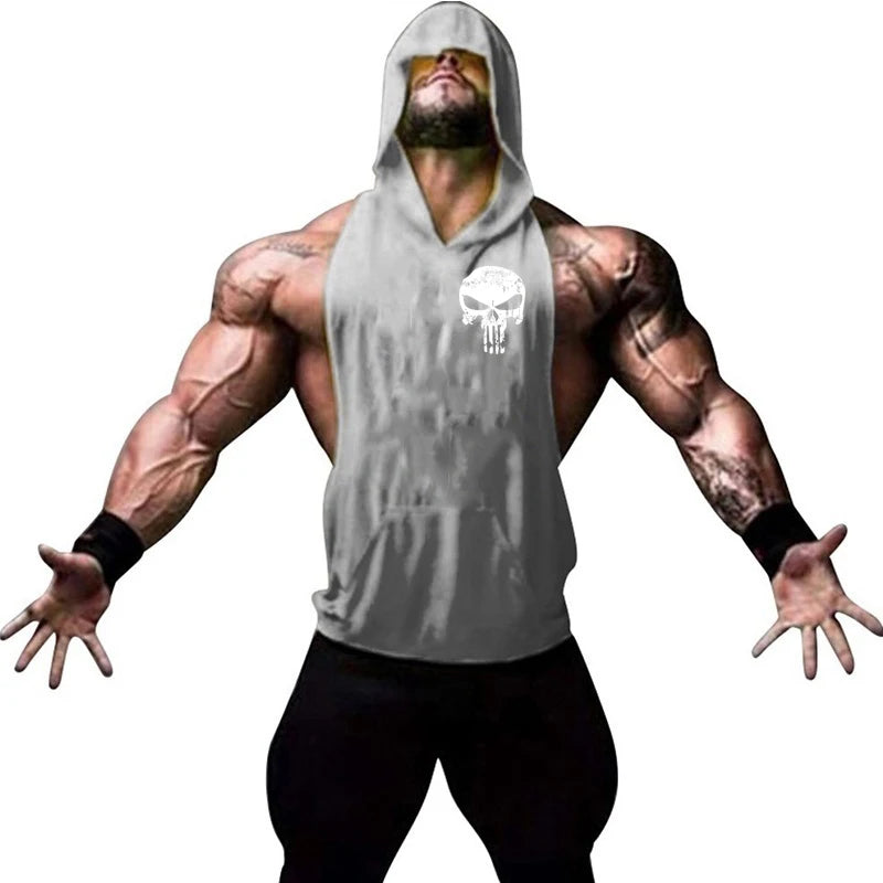 Men Bodybuilding Cotton Skulls Tank Top Gyms Fitness Hooded Vest Sleeveless Shirt Summer Casual Fashion Workout Brand Clothing