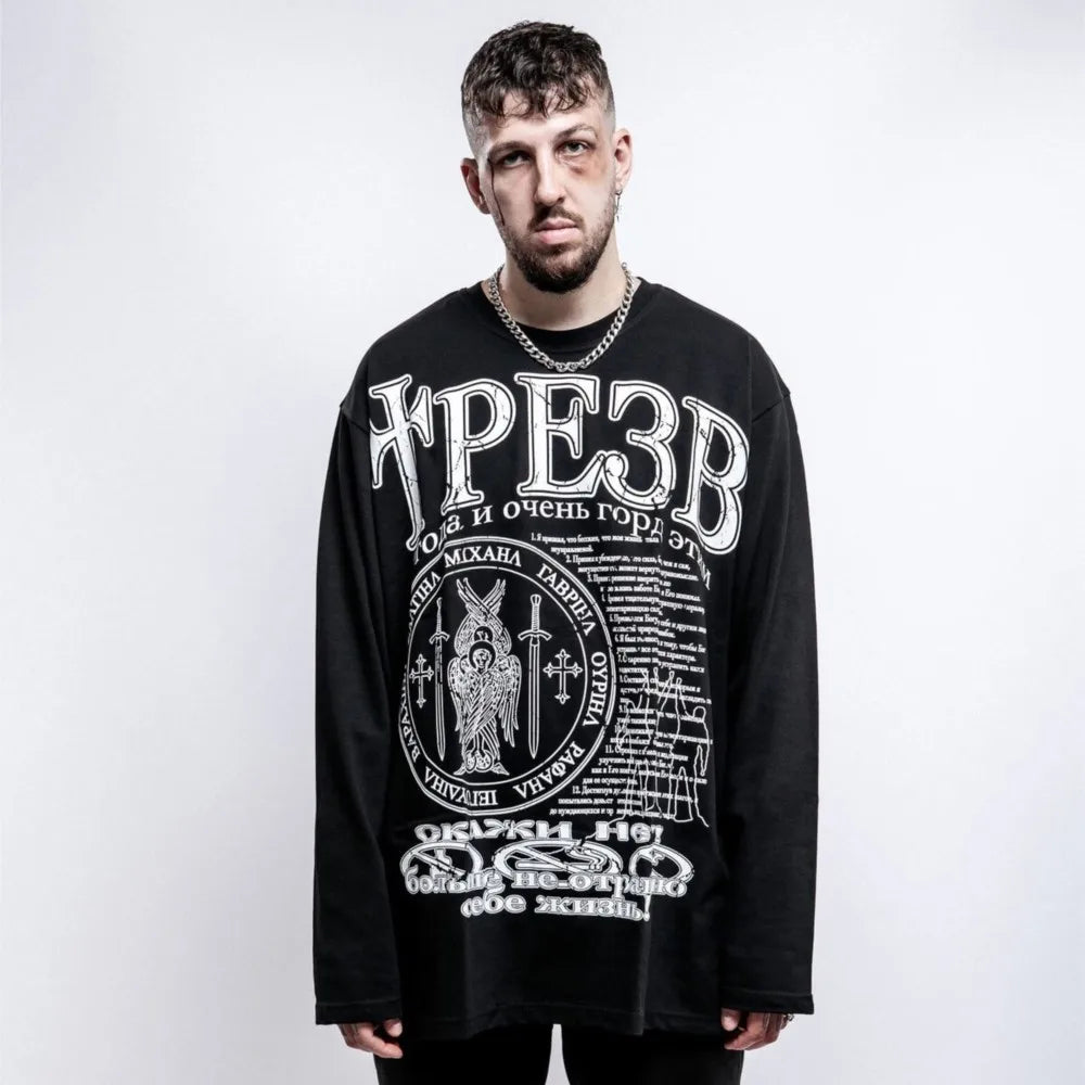 Oversized Men's Clothing Streetwear Sober Print Autumn Hip Hop Korean Long Sleeve Y2k Tops Tee Cotton Graphic Unisex Tshirt Goth