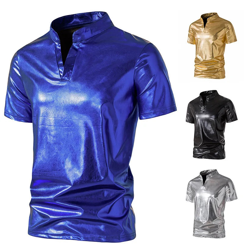 2025 Summer New Men's Glossy Short Sleeve T-Shirt European Size Men's Casual Nightclub T-Shirt