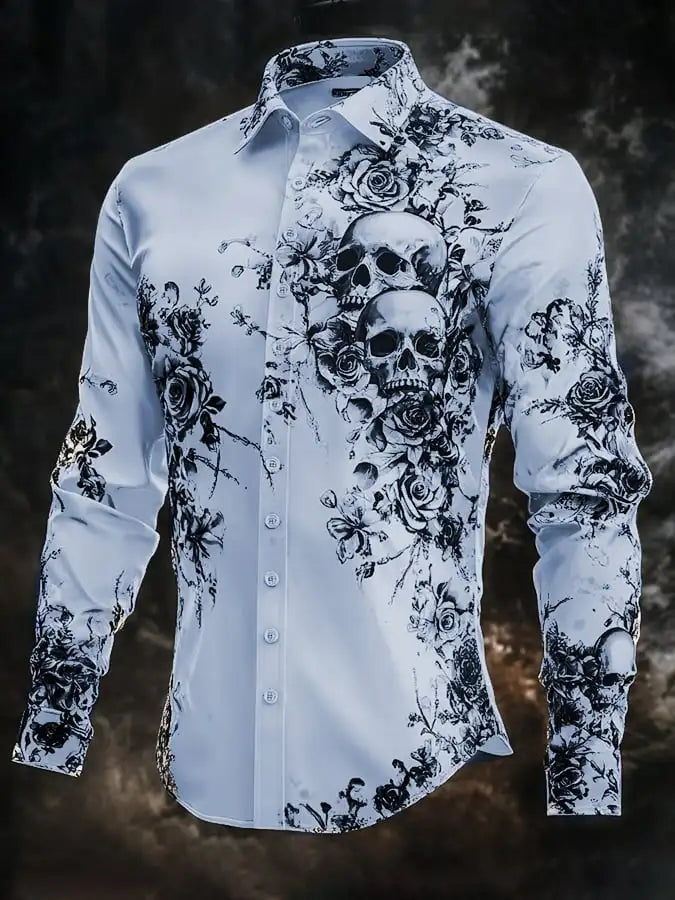 Hip Hop Skull Print Shirt Men Streetwear 2025 Long Sleeve Tops Urban Trendy Graphic Tee Shirt Casual Loose Fit Gothic Clothing