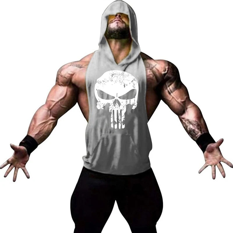 Men Bodybuilding Cotton Skulls Tank Top Gyms Fitness Hooded Vest Sleeveless Shirt Summer Casual Fashion Workout Brand Clothing