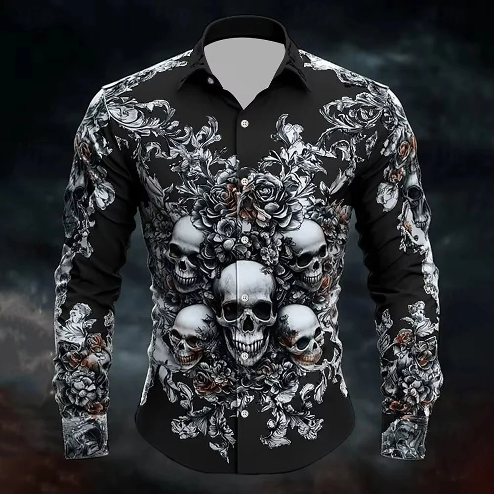 Hip Hop Skull Print Shirt Men Streetwear 2025 Long Sleeve Tops Urban Trendy Graphic Tee Shirt Casual Loose Fit Gothic Clothing