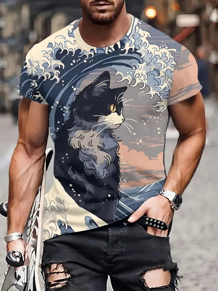 Fashion Sketch Animal Graphic Men T-Shirts Cats 3D Print Oversize Short Sleeve T-Shirt O-Neck Casual Men Women T-Shirt Clothing