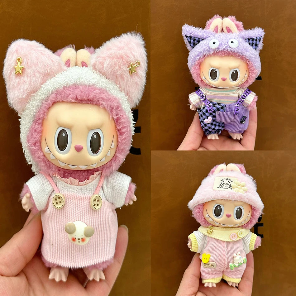 17cm Mini Plush Doll'S Clothes Outfit Accessories For Korea Kpop Exo Labubu II Idol Dolls Sitting Party Plaid overalls Clothing