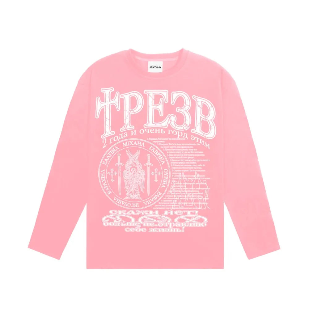 Oversized Men's Clothing Streetwear Sober Print Autumn Hip Hop Korean Long Sleeve Y2k Tops Tee Cotton Graphic Unisex Tshirt Goth