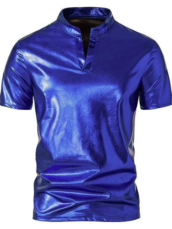 2025 Summer New Men's Glossy Short Sleeve T-Shirt European Size Men's Casual Nightclub T-Shirt