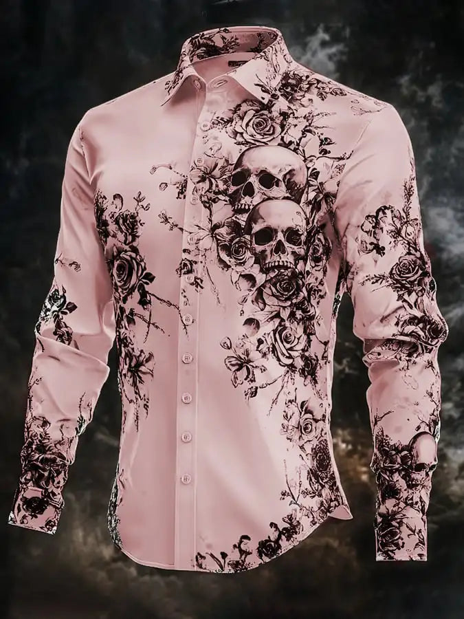 Hip Hop Skull Print Shirt Men Streetwear 2025 Long Sleeve Tops Urban Trendy Graphic Tee Shirt Casual Loose Fit Gothic Clothing
